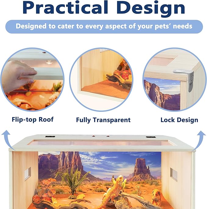 PROLEE Tempered Glass Bearded Dragon Tank,Wooden Reptile Tank and Lizard Tank, Large Bearded Dragon Enclosure with Built-in Lamp Fixture, Snake Tank (Wooden-Topped roof, 32inch,32 Gallons)