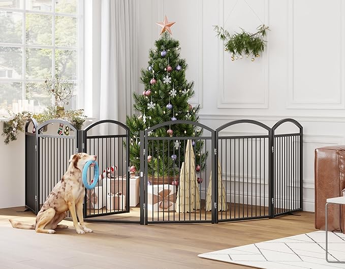 Folding No-Assembly Freestanding Dog Gate with Door,32" Heights Foldable Pet Fence,144" Extra Wide Accordion Puppy Folding Playpen for Doorways,House,Stairs (6 Panels,Black)