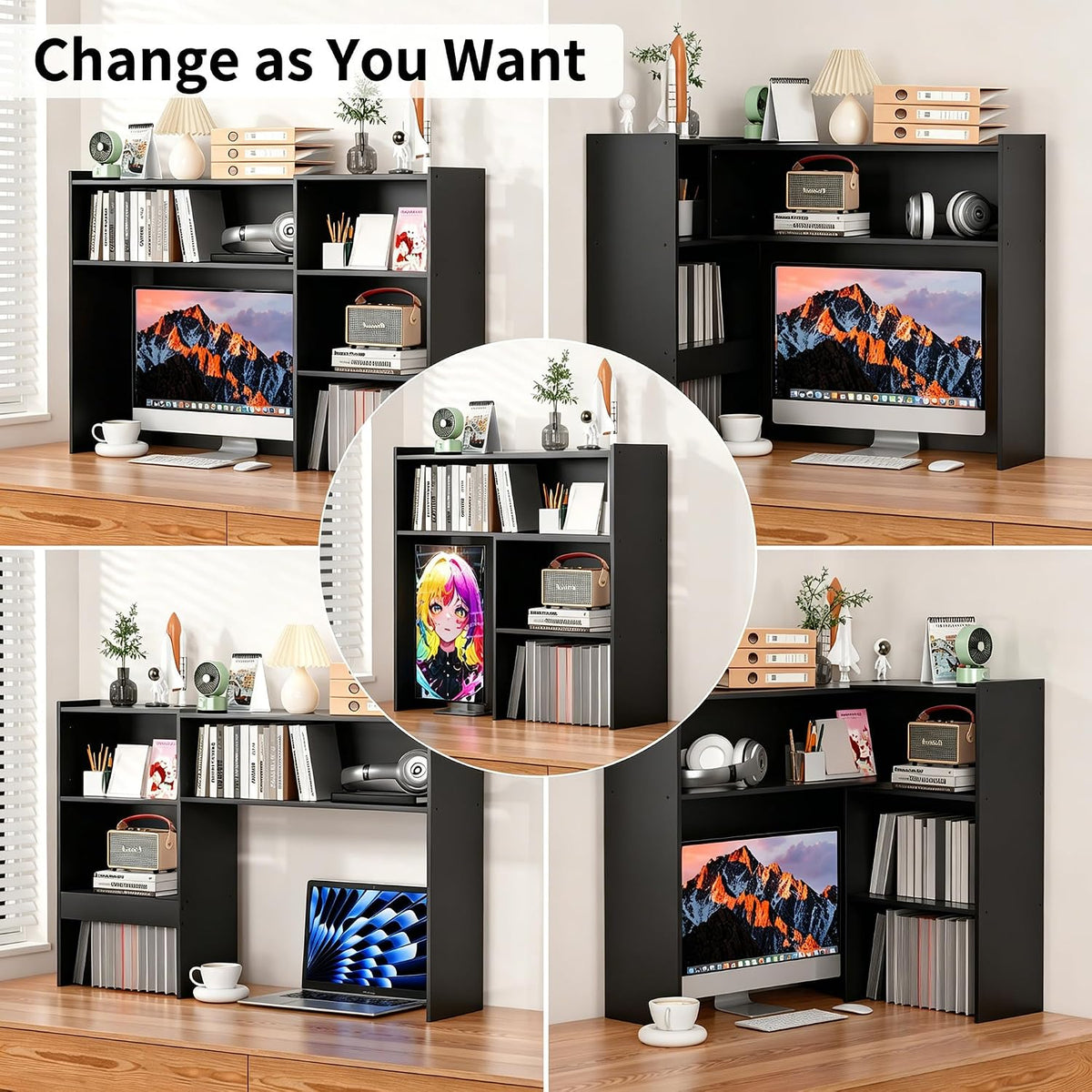 Aetheris Desktop Bookshelf, 43”Adjustable Office Desktop Organizer Shelf, Countertop Storage Hutch with 4 Shelves for Computer Desk, Adjustable Desk Hutch, Wooden Desktop Bookcase (Black)