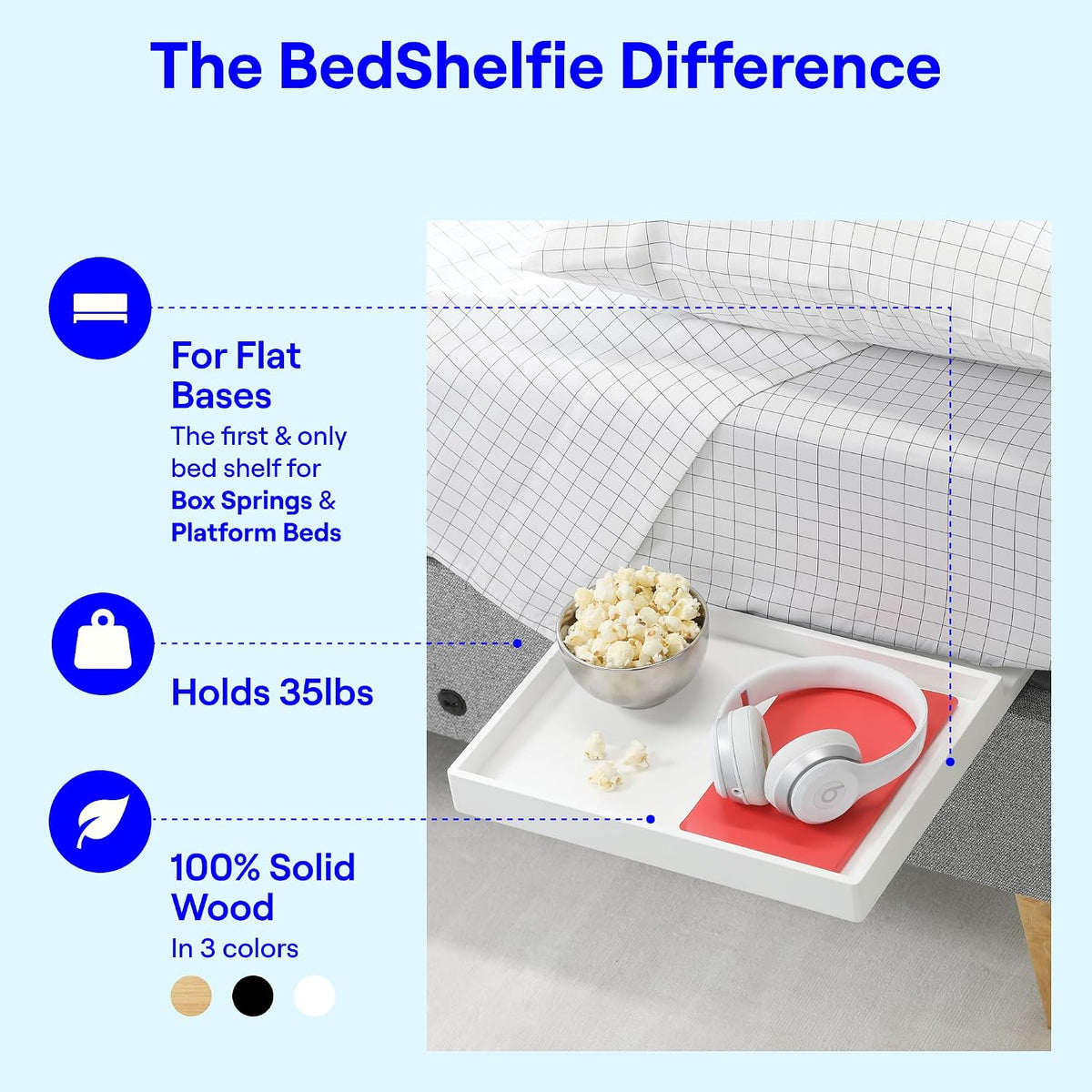 BedShelfie Bedside Shelf for Dorm Room - White Wood Slide