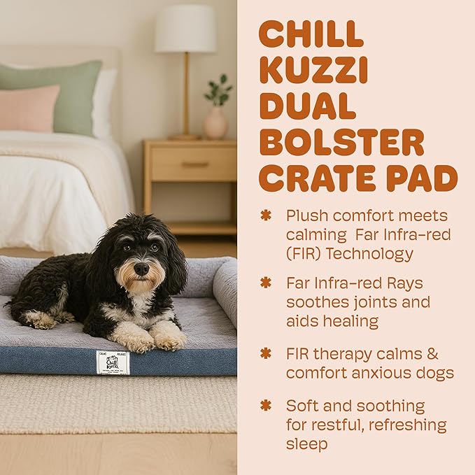 Dog Gone Smart Chill Kuzzi Dual Bolster Crate Pad - Washable Dog Bed Infused with Far Infrared Rays (FIR) - Supportive Plush Cushion for Crates, Travel, and Recovery - Slate Blue, Small 17 x 23 Inches