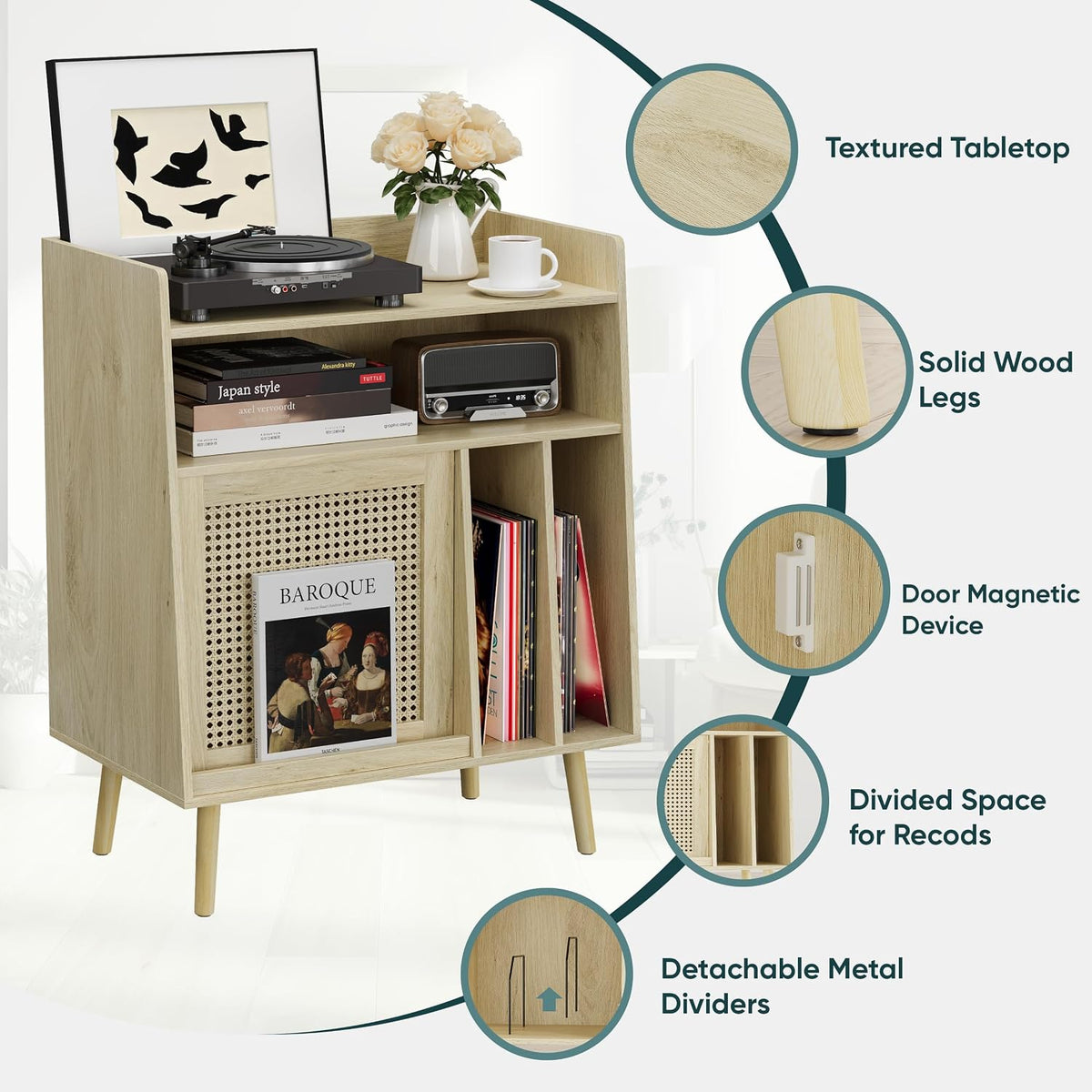 Semiocthome Record Player Stand with Vinyl Storage, Record Player Table with Storage Shelf, Turntable Stand with Rattan Cabinet Door, Side Table with Solid Wood Legs for Turntables for Living Room