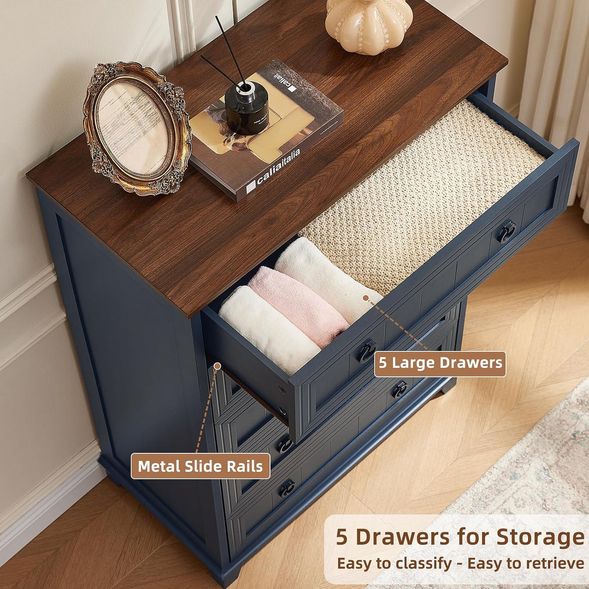Joaxswe Farmhouse 5 Drawer Dresser for Bedroom, 42" Tall Small Dressers & Chest of Drawers, Rustic Wood Dresser with Metal Handle, Storage Organizer Closet for Living Room, Hallway, Entryway