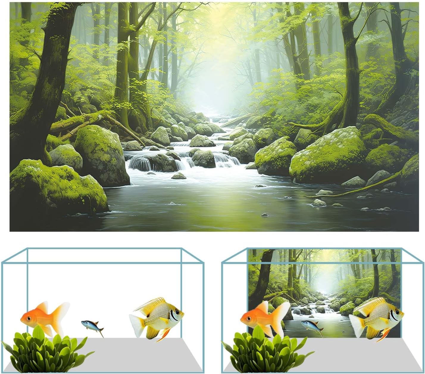 48X18IN Tropical Forest Terrarium Background, Natural Green Forest Tree Reptile Habitat Background, Misty Rainforest Aquarium Background, with 8 EVA Double-Sided Tape
