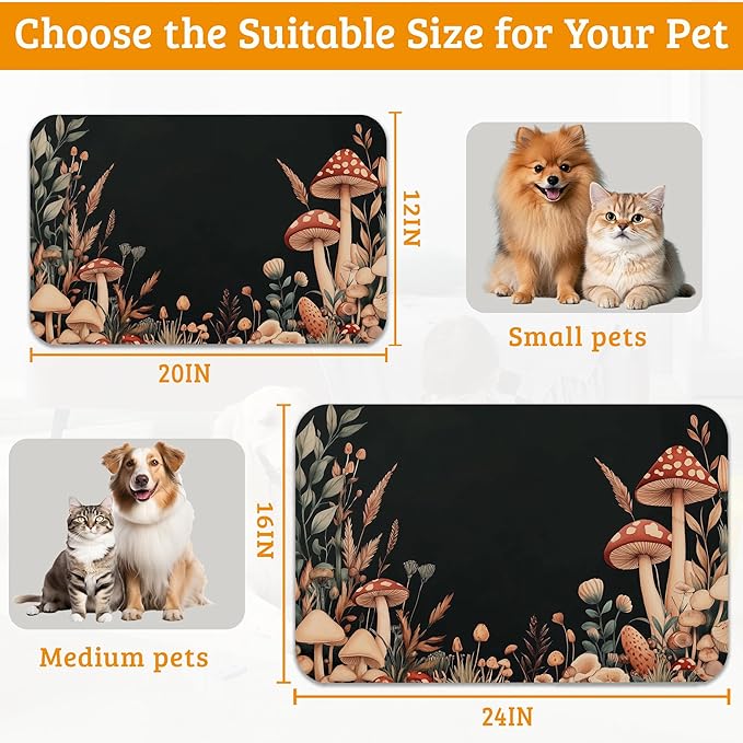 Vintage Mushroom Dog Food Mat,Leaf Absorbent Pet Feeding Mat for Food and Water Bowl,Quick Dry Dog Placemat Non Slip Rubber Backing Waterproof Pet Supplies 12" x 20"