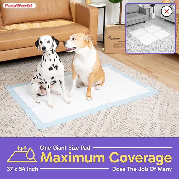 PetsWorld Enormous Dog Pee Pads 37"x54" 25 Count – XXXL Pet Pee Pads for Giant Dogs & Pets, Heavy Duty Leak-Proof Dog Training Pads, Super Absorbent Quick-Dry Potty Pads with Adhesive Tabs