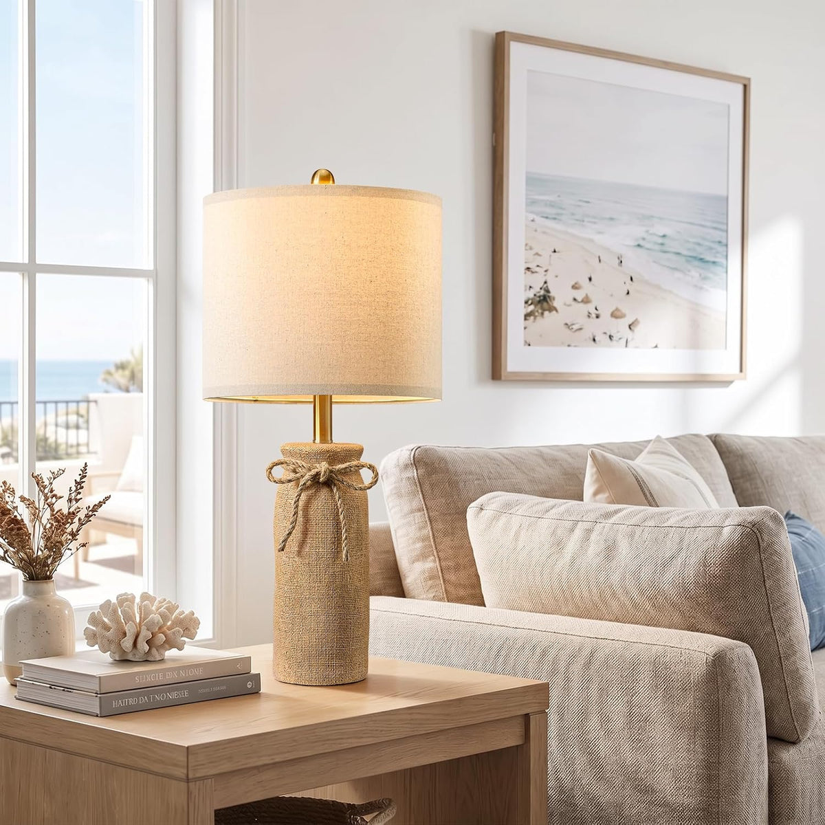 BOBOMOMO Boho Table Lamps for Living Room Set of 2, 25.5" Coastal Farmhouse Bedside Table Lamps for Nightstands, Resin Woven Rattan-Look Lamps for Bedroom, Entry Way, Rustic Home Decor