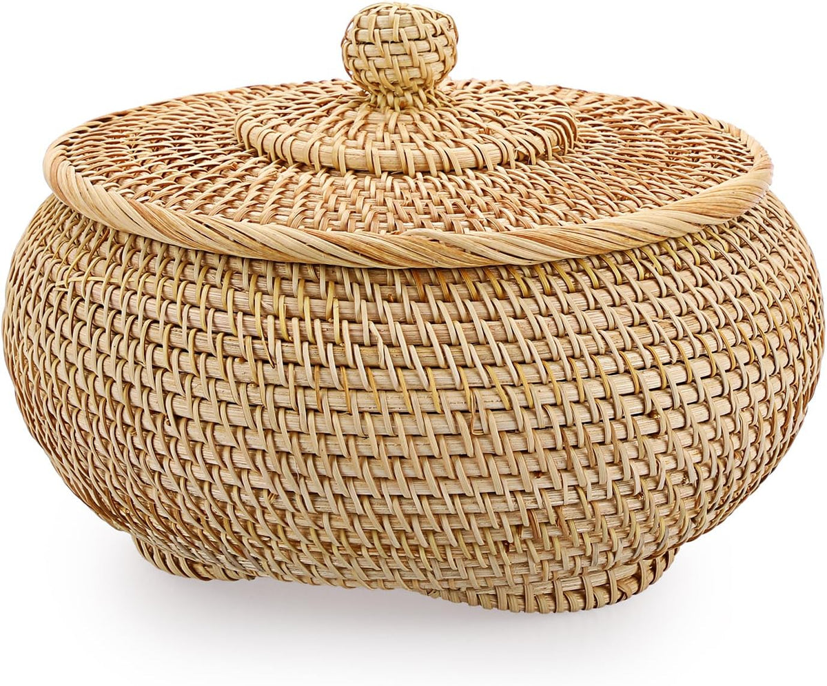 Hipiwe Round Rattan Basket Box with Lid Small Hand-Woven Wicker Basket Bin