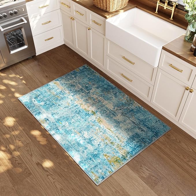 Entrance Rugs Indoor 2x3 Teal Blue Entry Rug Washable Abstract Small Area Rug
