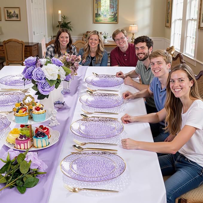 Rubtlamp 100Pcs Plastic Purple Dinner Plates, Heavy Duty 10 Inch Gold