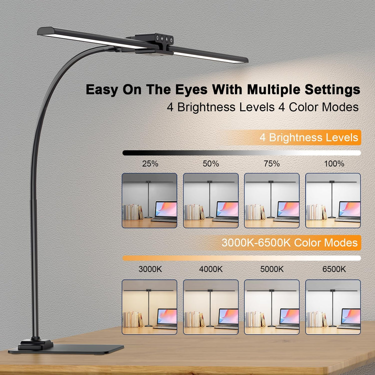 24W Led Desk Lamps with Base for Office Home, 31.5-in Double Head, Black
