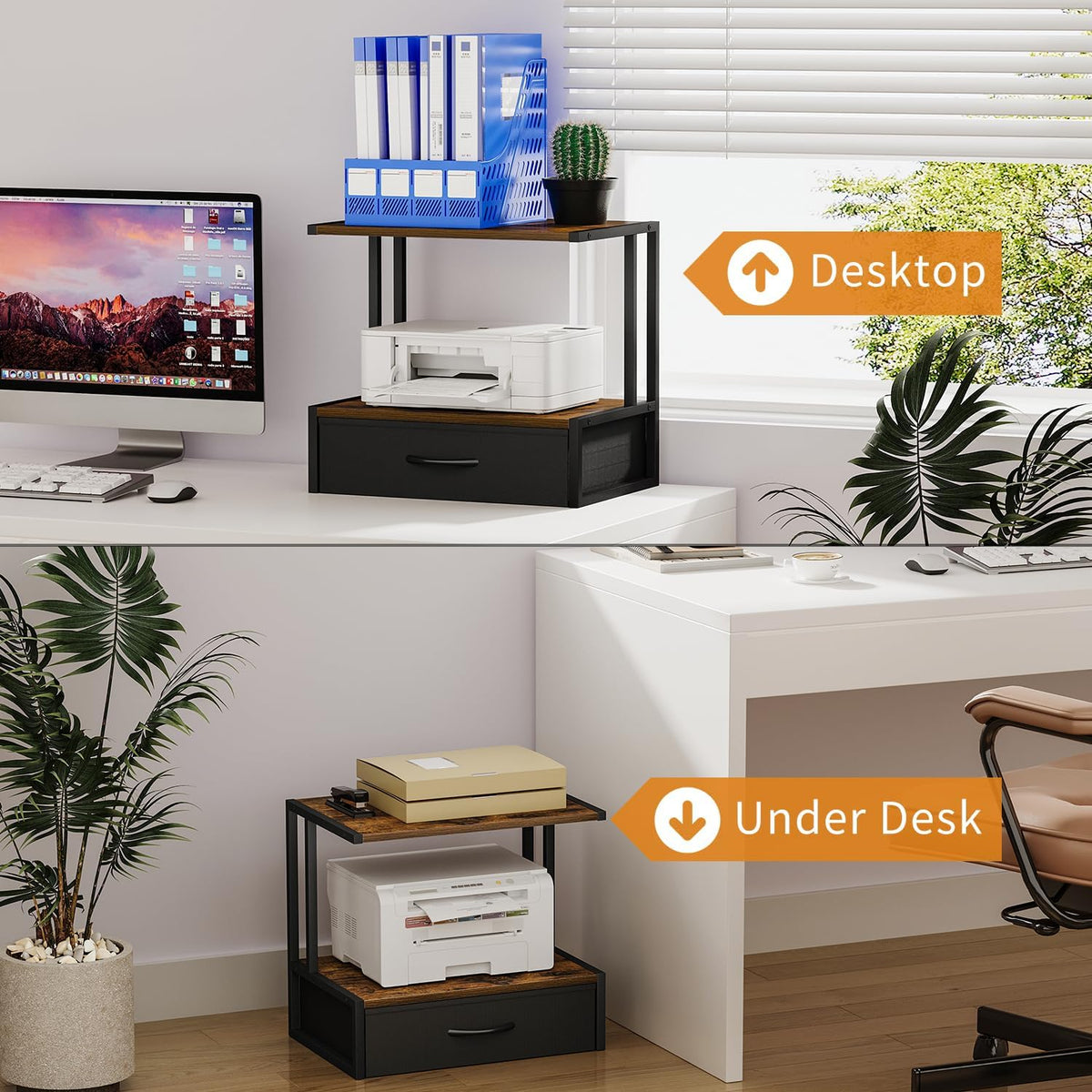 Printer Stand with Storage for Desk, with Fabric Drawer Desktop Printer Stand Shelf Organzier for Home Office, for Above and Under Desk Printer Table, Fax Machine Copier Scanner, Brown