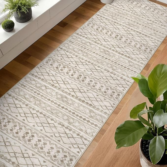 KUTA Boho Runners for Hallways 2.6x16 ft Moroccan Beige Washable Long Hall