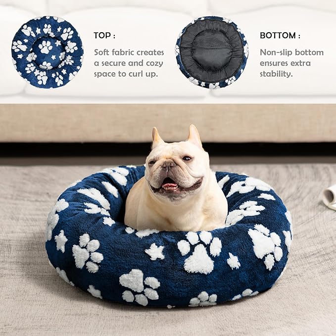 Donut Dog Beds for Small Dogs, Calming Round Cat Beds for Indoor Cats, Cute 3D Textured Paw Pet Bed with Removable Washable Cover and Anti-Slip Bottom（Navy Blue，23"）