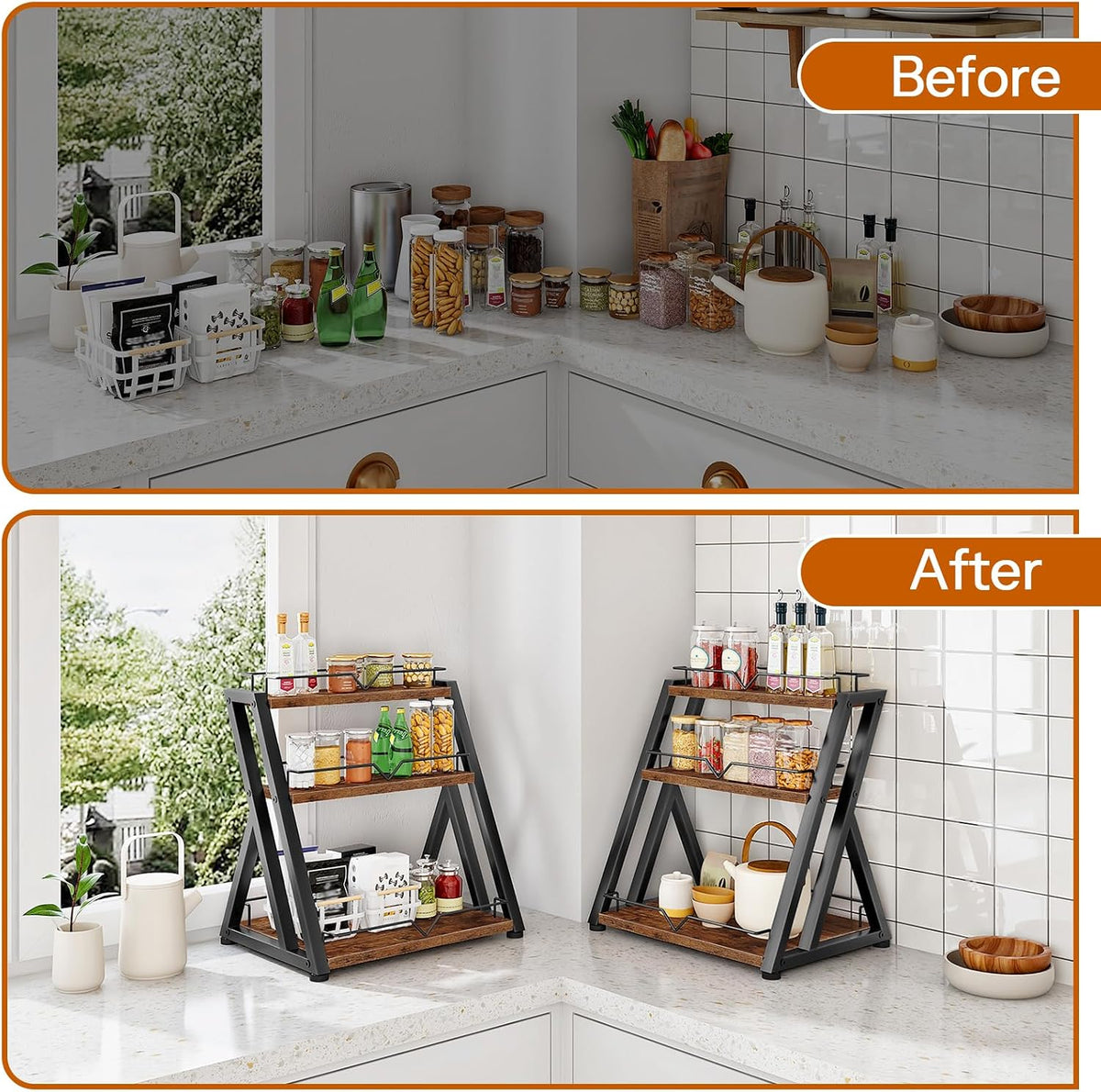 HOOBRO 3-Tier Kitchen Spice Rack, Kitchen Countertop Shelf, Desk Shelf Organizer, Dresser Top Storage Rack, for Office, Living Room, Bathroom, Rustic Brown and Black BF10TL01