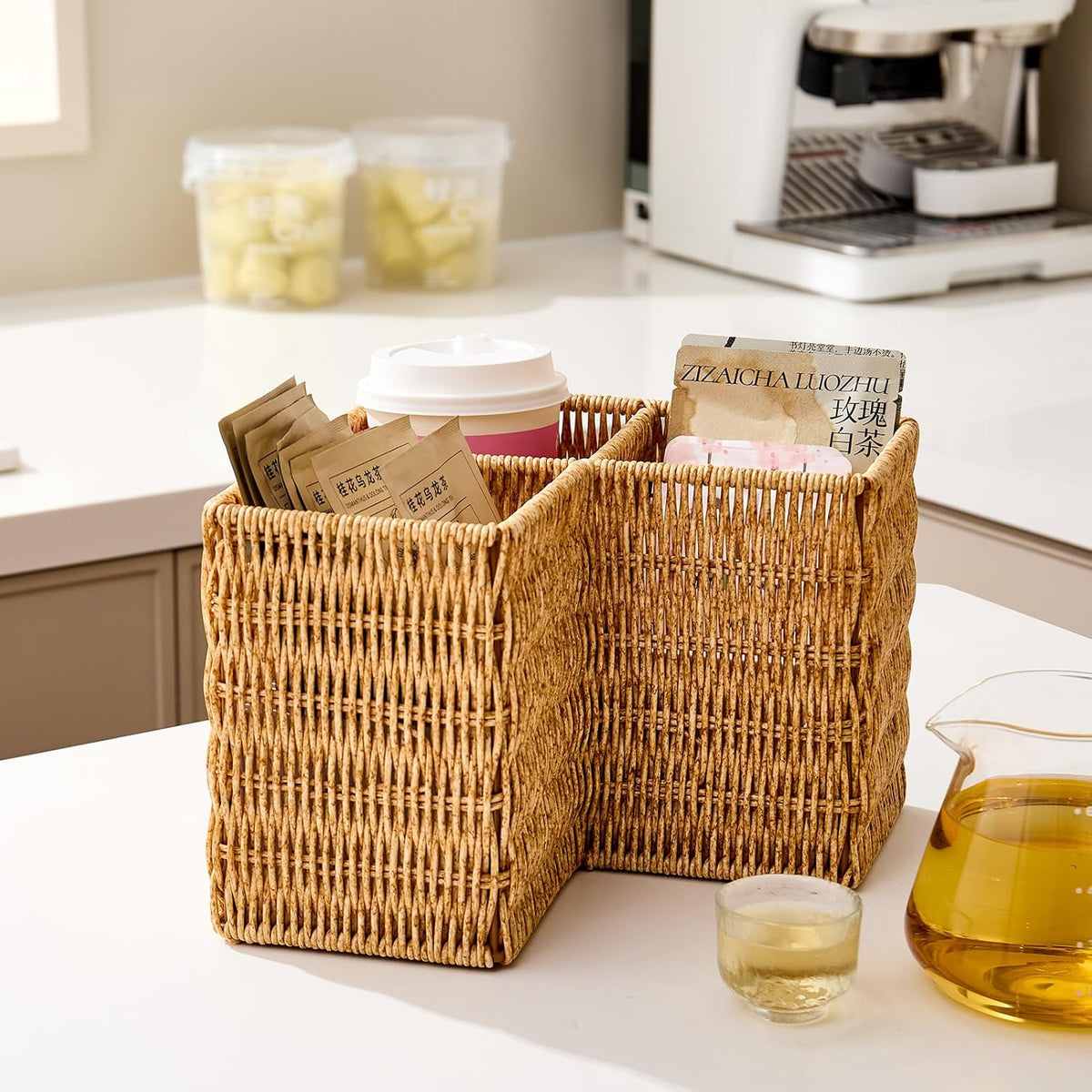 Berdeng 3-Compartment Silverware Caddy, Faux Rattan Utensil Holder with 2 Handles, Washable Woven Flatware Organizer for Forks, Knives and Spoons, Kitchen Countertop and Dining Table