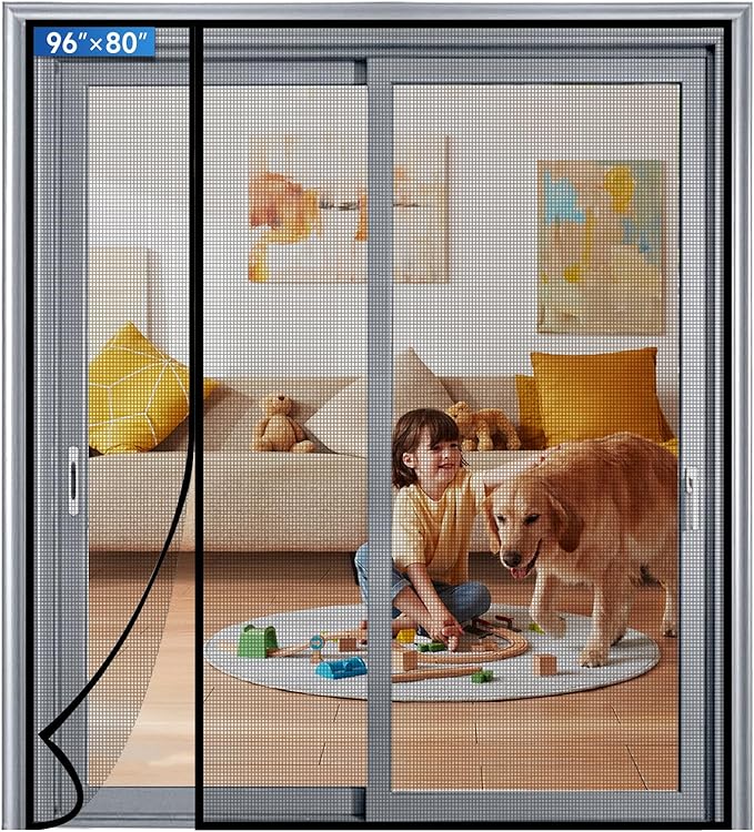 Magnetic Screen Door Mesh Left Right Side Opening Upgraded PET Material Mesh Stronger Than Fiberglass and Polyester,Keep Bugs Out,Pet & Kid Friendly Fit Door Size 96"X80",Screen Size 98''X82''