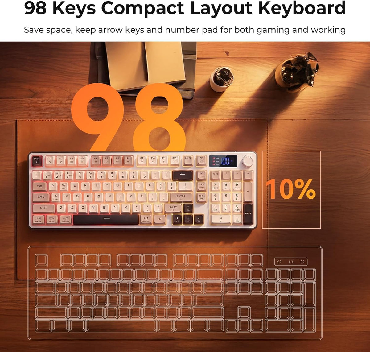 Redragon Wireless Gaming Keyboard, 98-Key Tri-Mode (BT/2.4G/Wired) RGB Computer Keyboard with Knob & Display, Fade-Resistant PBT Keycaps & 4000mAh Battery, Compatible with Windows/Mac - White Gray