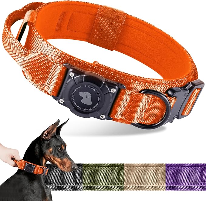 2026 Upgrade Waterproof AirTag Dog Collar, Military Tactical Dog Collar with AirTag Holder, Comfortable Control Handle and Metal Buckle, GPS Dog Collar Holder for Medium to Large Dogs (Orange, M)
