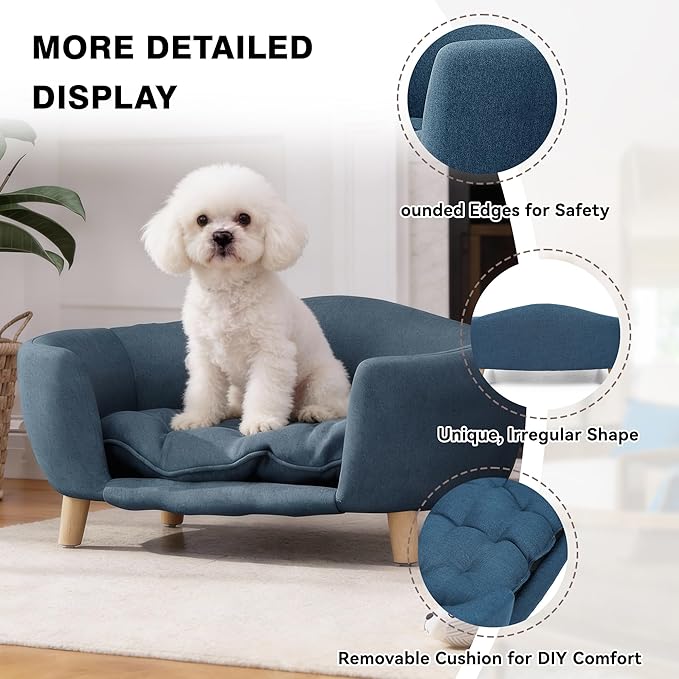 Dog Sofa Couch Bed for Small Dogs, Durable Fabric Rectangle Pet Sofa with Soft Cushion, Modern Elegant Elevated Mini Dog Couch Bed with Backrest and Armrests, Navy Blue