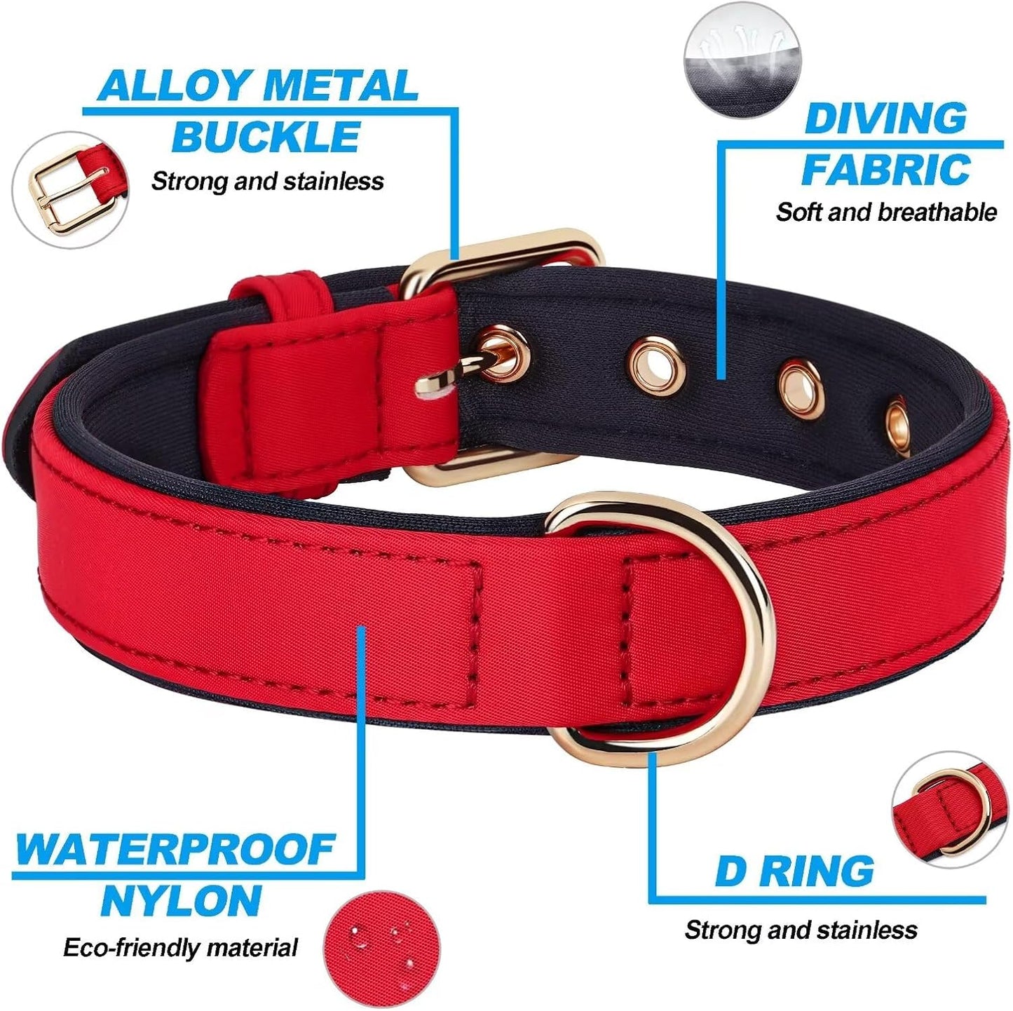 Didog Soft Padded Dog Collars for Small Dogs, Lightweight and Breathable Dog Collar with Metal Buckle for Puppy, Red, S