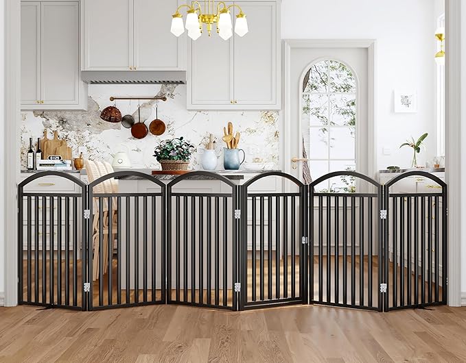 Folding No-Assembly Freestanding Dog Gate with Door,32" Heights Foldable Pet Fence,144" Extra Wide Accordion Puppy Folding Playpen for Doorways,House,Stairs (6 Panels,Black)