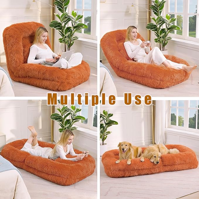 Adjustable 5-Position Human Dog Bed for People, Big Comfy Plush Floor Gaming Lazy Sofa Chair with Pillows & Back Support, Foldable Lounge Loveseat Couch for Living Room Bedroom (Orange)