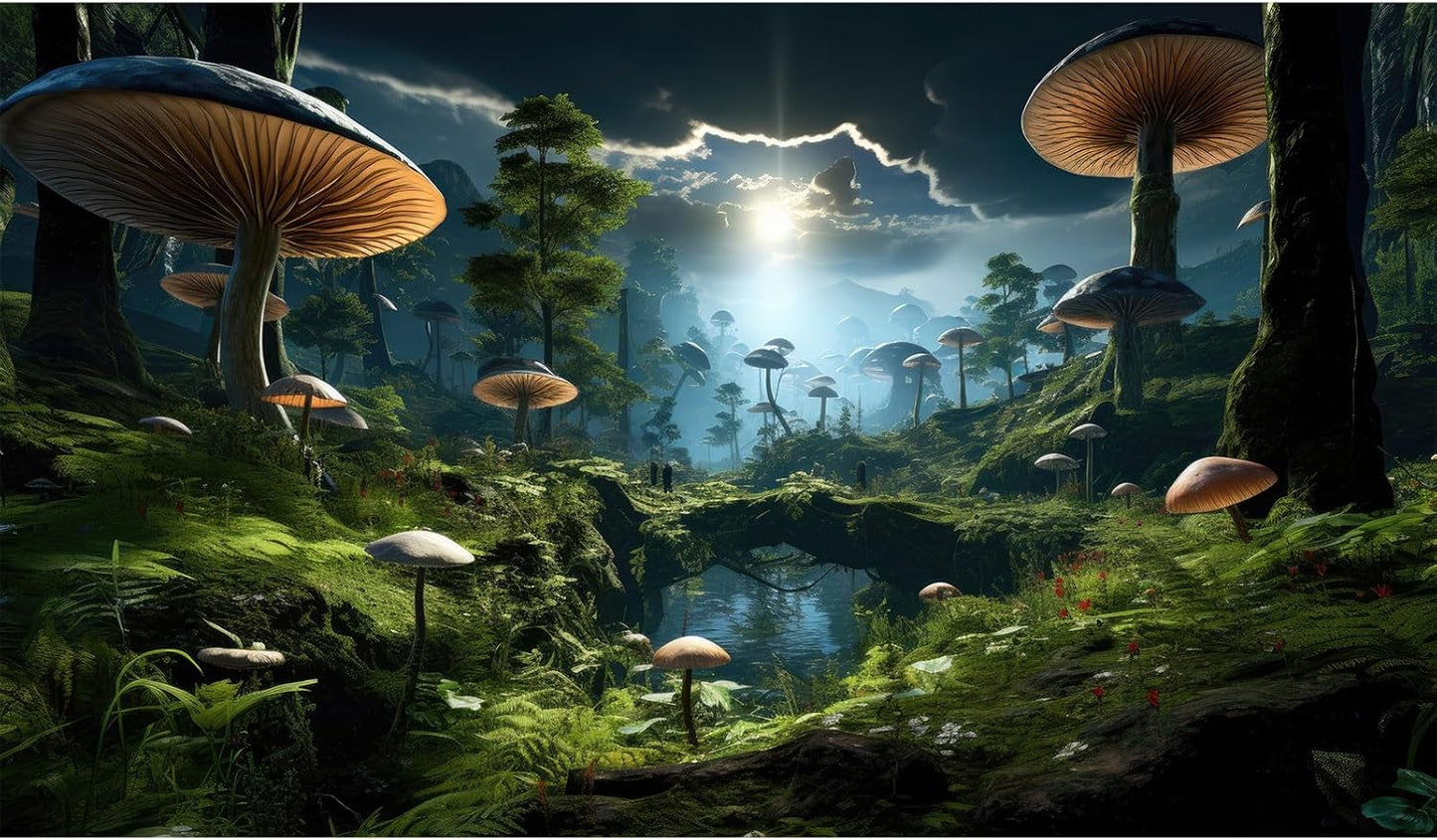 Fantasy Mushrooms Landscape Aquarium Background Tranquil Stream Cloudy Sky Terrarium Background Lush Green Tropical Plants Trees Fish Tank Backdrop Decoration Tank Background Poster 30x12in