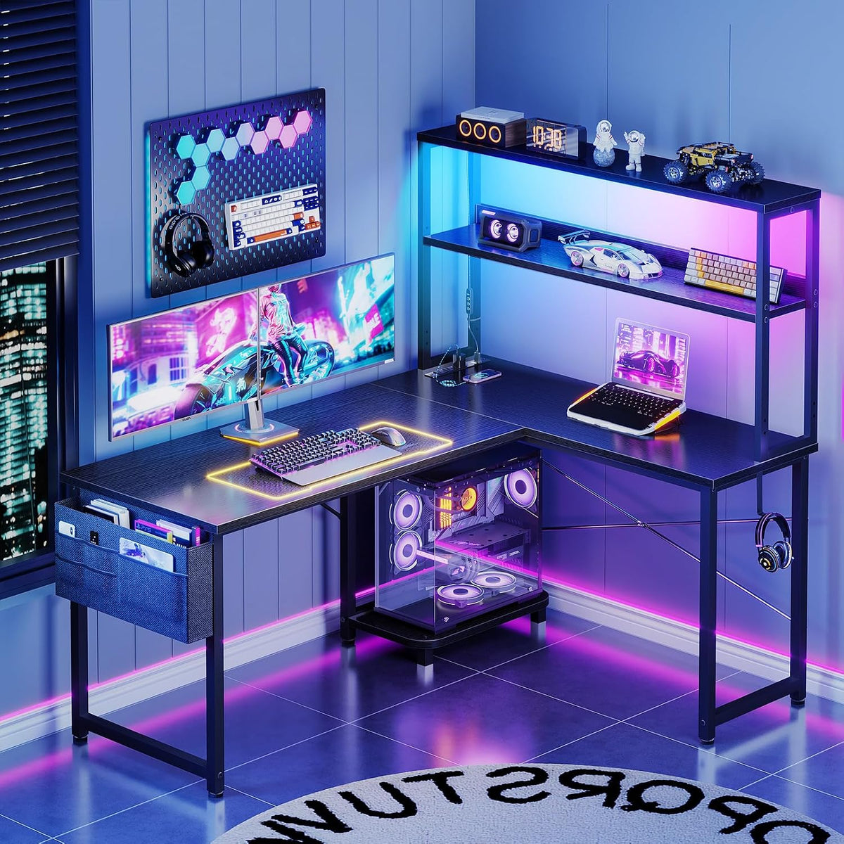 ODK 43" L Shaped Gaming Desk with Shelves, LED & Outlets, Black