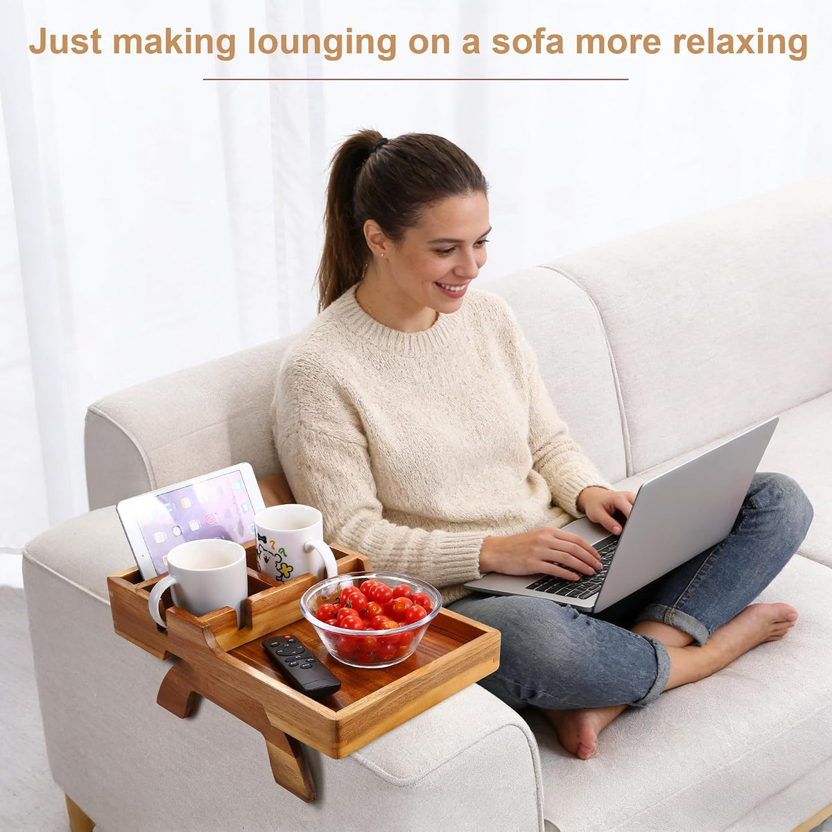 Acacia Wood Couch Armrest Table with 2 Cup Holders & Remote Slot 15.4"x9.8"