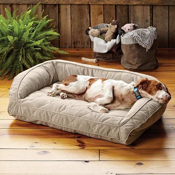 Orvis ComfortFill-Eco Bolster Dog Bed - Plush Rectangular Dog Beds with Three-Sided Bolster for Leaning, Heathered Khaki - S