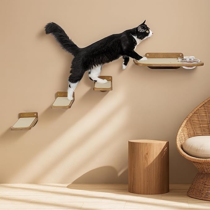INICIO Cat Shelves – Dog Proof Feeding Station with Wall Mounted Shelves, 3 Steps for wall with Floating Shelf for Cats Up to 15lbs, Includes Attached Cat Food Bowl for Convenient Feeding – Brown