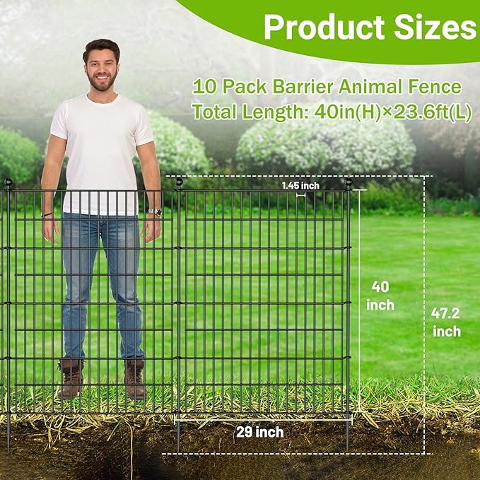 10 Panels No Dig Decorative Outdoor Garden Fence for Yard, 40 in(H) X 23.6 ft(L) Animal Barrier Fencing Rustproof Metal Wire Panel Border for Dog, Rabbits, and Patio Temporary Ground Stakes