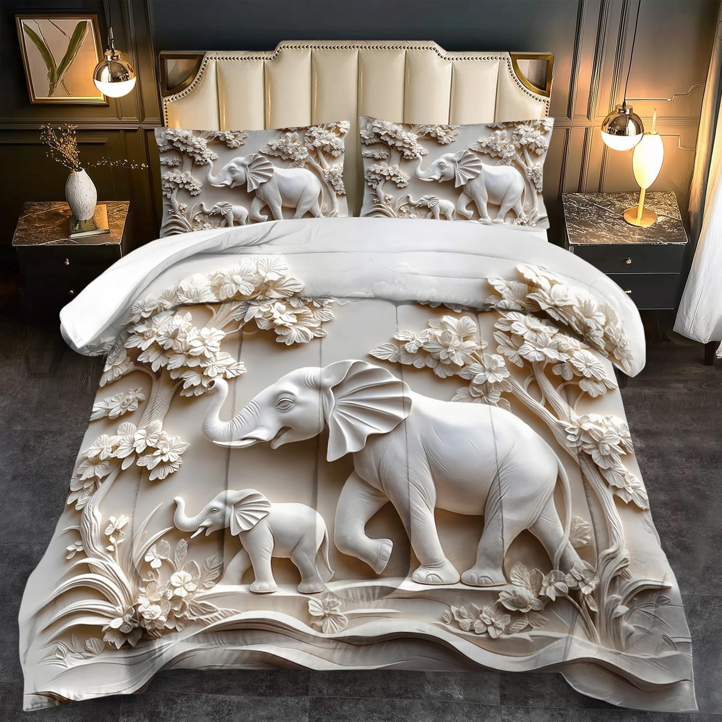 Elephant Comforter Set Twin Adult, White Animal Bedding Set Twin for Man, Cute Animal Comforter for Kids,Elephant Quilt Pattern White Bedroom Decor Womens, Relief Bedding