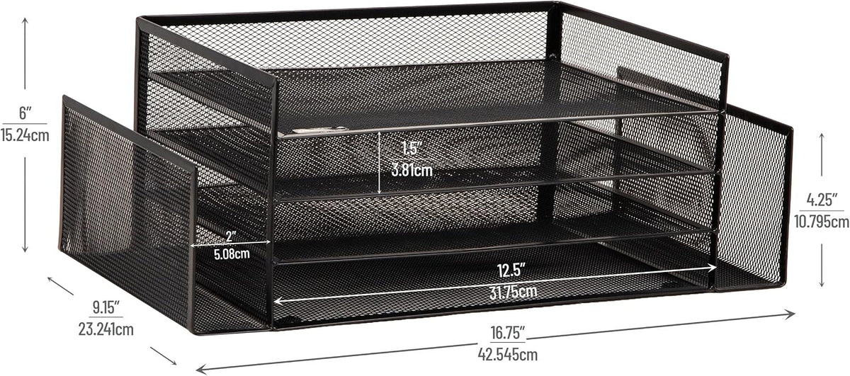 Mind Reader Desktop Organizer, File Storage, Paper Tray, Workspace, Office, Metal Mesh, 16.75"L x 9.15"W x 6"H, Black