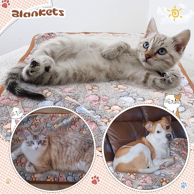 Tatuo 4 Pcs Dog Blanket for Pet Cat Blankets Indoor Puppy Teething Stuff Toys Paw Print Fleece Soft Blanket Sleep Mat for Guinea Pig Cage(Black,Small(24 x 16 Inch),Square)