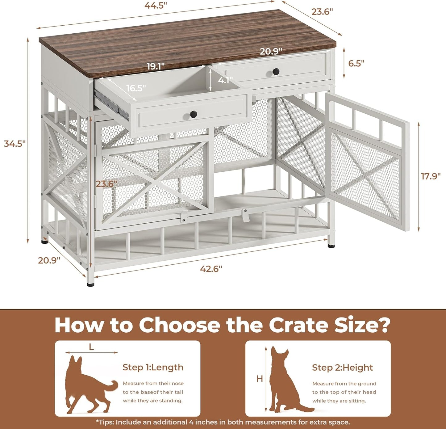 IRONCK 44 inch Large Dog Crate Furniture, Wooden Dog Kennel with Storage Drawers for Medium/Large Dogs, Decorative Dogs Kennel Indoor, White and Walnut