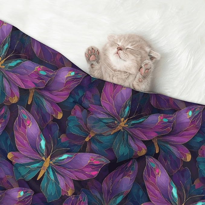 Waterproof Dog Blanket Soft Pet Blanket for Puppy Cat, Fleece Cat Throw Blankets for Furniture Bed Couch Sofa Reversible - Purple Butterfly 1