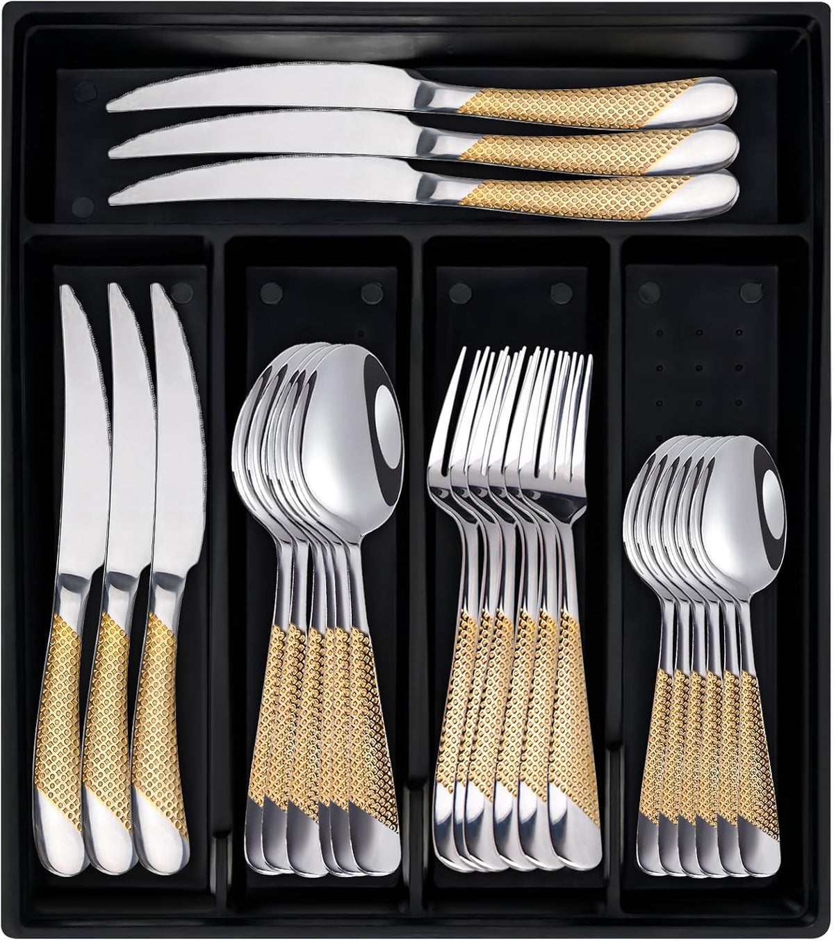 24-Piece Silverware Set with Organizer, Stainless Steel Flatware for 6, Cutlery Utensil Sets with Antiskid Handle, Rust-proof Stainless Steel Cutlery, Mirror Polished,Dishwasher Safe (Gold-silver)
