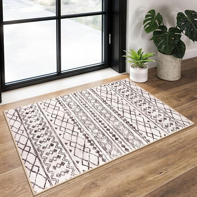 KUTA Moroccan Kitchen Rugs, 2x3 Brown Cream Entryway Rug Non-Slip Washable
