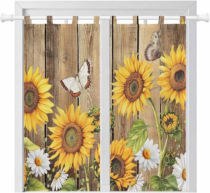 Farmhouse Sunflowers Bedroom Curtains 72 Inch Length, Window Curtains Tab Top