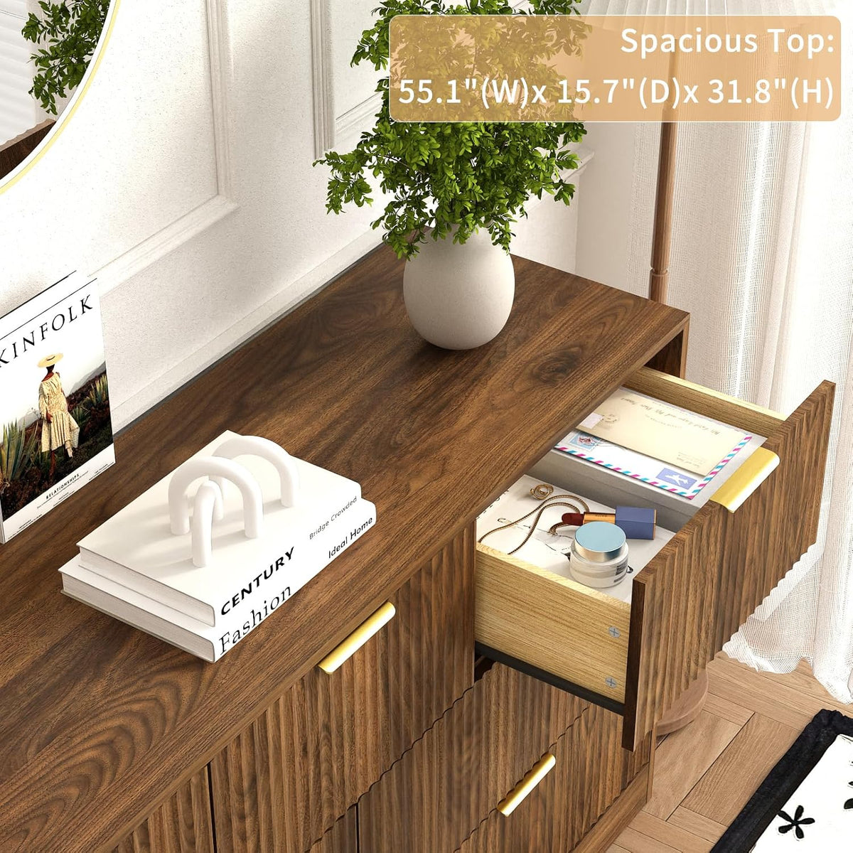 7 Drawer Fluted Dresser with Deep Drawers for Bedroom, Walnut丨55 Wide Mid Century Dresser, Modern Chest of Drawers, Wood TV Stand Storage Organizer for Closet, Living Room, Hallway