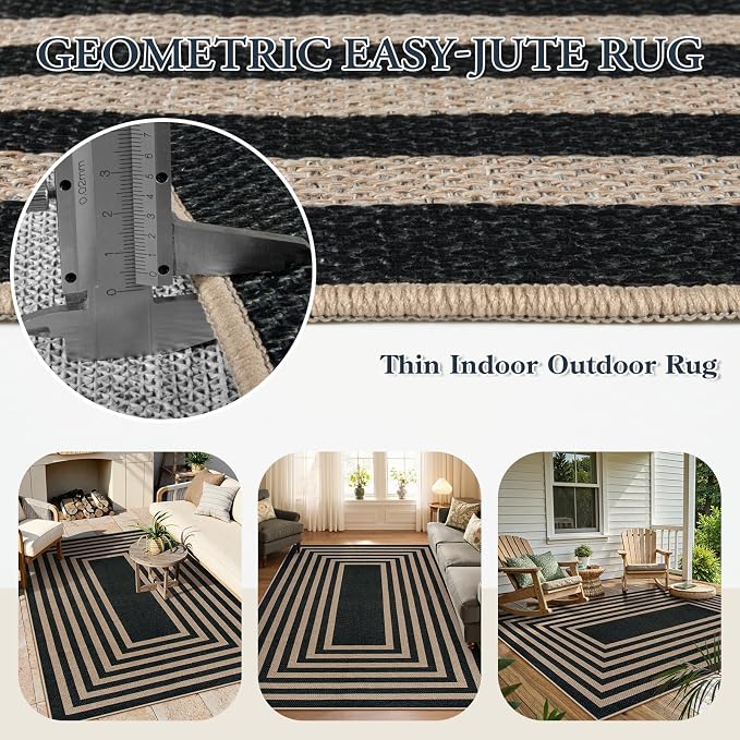 Lahome Enfys Modern Geometric Easy Jute Outdoor Rug, 5x7 Patio Living Room Rug