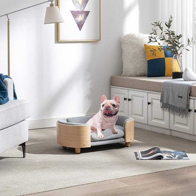 Scandinavian Style Elevated Dog Bed, Pet Sofa with Solid Wood Frame & Walnut Bent Wood Back, Orthopedic Support, Removable Washable Velvet Cover, Small Size, Light Grey