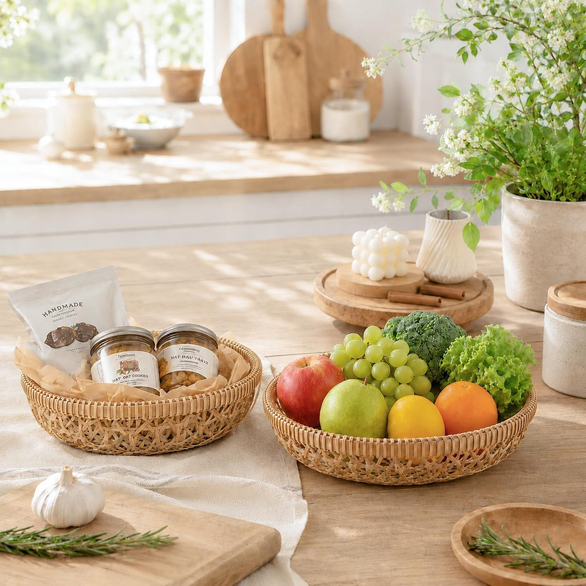 Handwoven Bamboo Basket Set of 3, Round Nesting Bread & Fruit Baskets, Natural Spiral Weave, Decorative Serving Baskets for Table & Home Decor (Lattice Natural Olive)