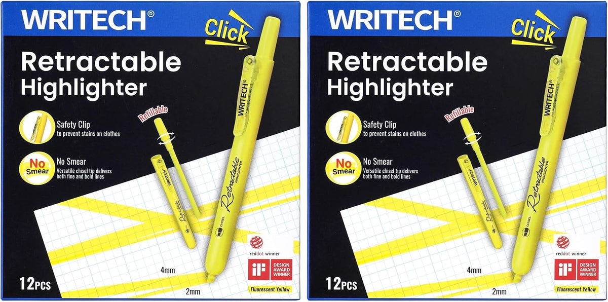 WRITECH Retractable Highlighters Chisel Tip: Fluorescent Yellow Ink Highlighter Marker Pens No Bleed & Smear Pack for Home School Office (12ct Yellow) (Pack of 2)