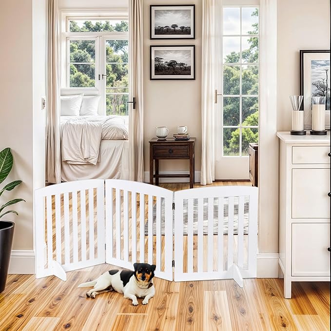 ZENY 24 Inch Pet Dog Gate, Foldable Freestanding Dog Door 3 Panel, White Wooden Z Shape Step Over Pet Fence for Entryway, Stairs, Doorway, White