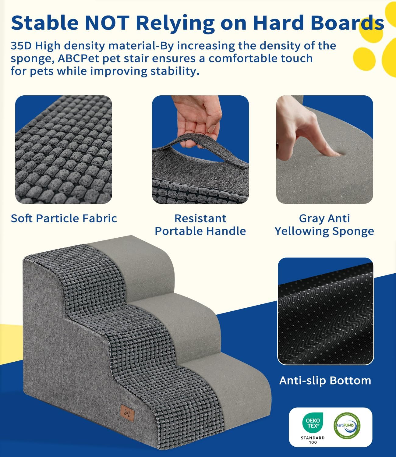 Dog Step for Bed, Dog Stair 4-Step 35D Pet Stair 19.7" H for High Bed or Sofa Non-Slip Balanced Pet Step Indoor, Grey