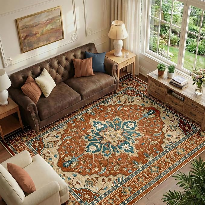 RELEANY Area Rugs 6'x9' Washable Non-Slip, Floral Vintage Distress Medallion