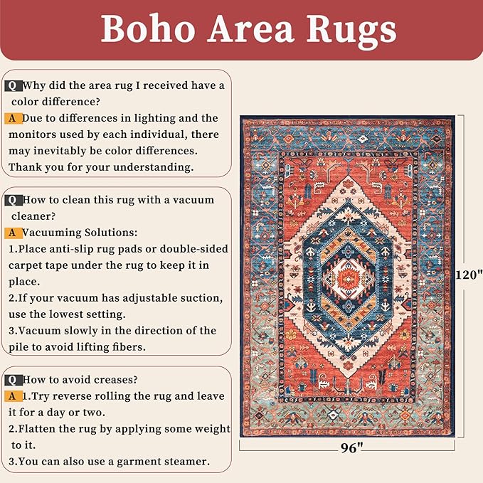 SERISSA Washable Rugs 8x10 Area Rugs, Large Non-Slip Boho Living Room Rust Rug